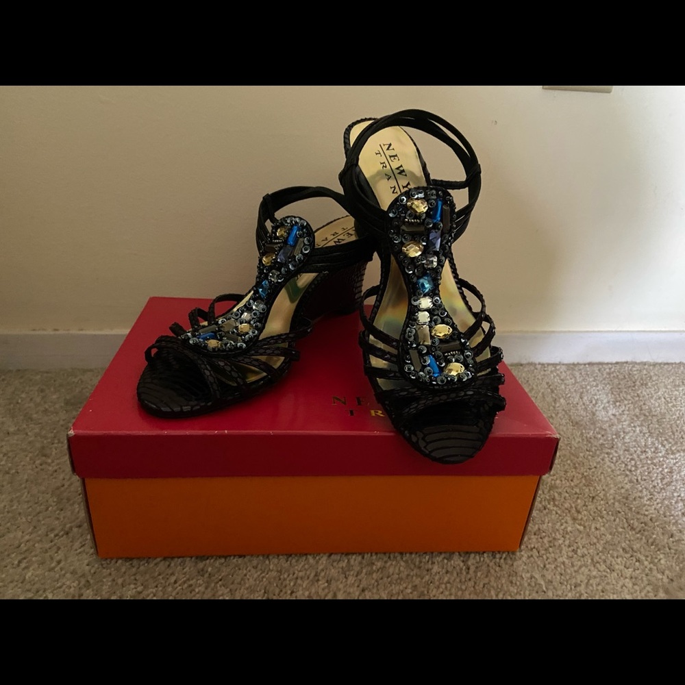 Black Sandals Embellished with Blue and Clear Rhinestones 3 Inch Heel